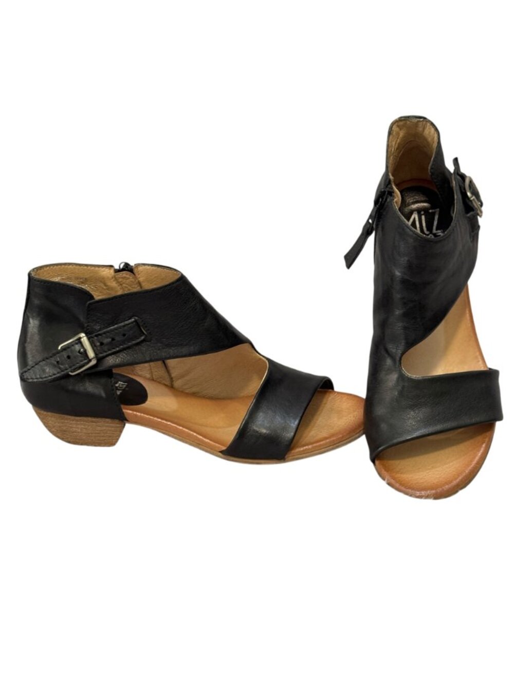 Miz Mooz Colbie Sandals Size 38 Black Leather Wedge Stack Heels Casual Classic - Picture 5 of 9
